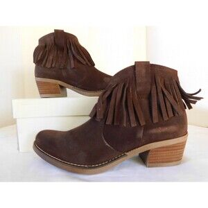 Eric Michael Beth Ankle Fringe Cowboy Bootie Women's sz 39/ 8.5-9  M Brown Suede